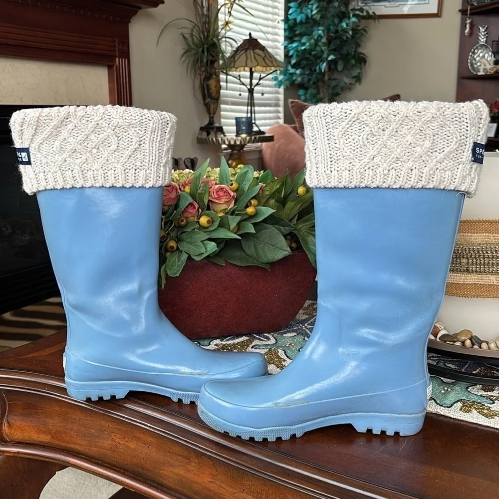 Sperry Vintage Blue Tall Rubber Boots Waterproof w/ Cream Knit Sequin Boot Socks